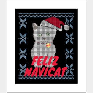 Feliz Navidad Cat, Feliz Navicat! Cute Cat Ugly Christmas Sweater Design Posters and Art